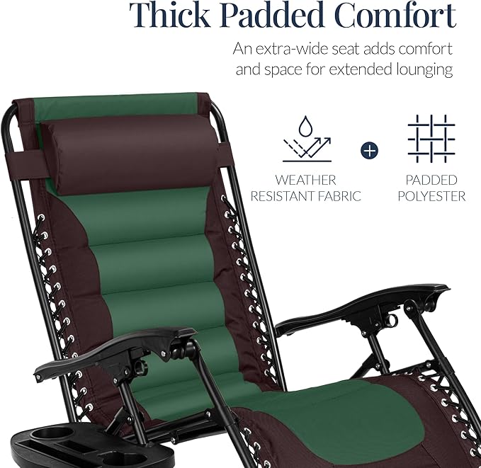Best Choice Products Oversized Padded Zero Gravity Chair, Folding Outdoor Patio Recliner, XL Anti Gravity Lounger for Backyard w/Headrest, Cup Holder, Side Tray, Polyester Mesh - Espresso/Green