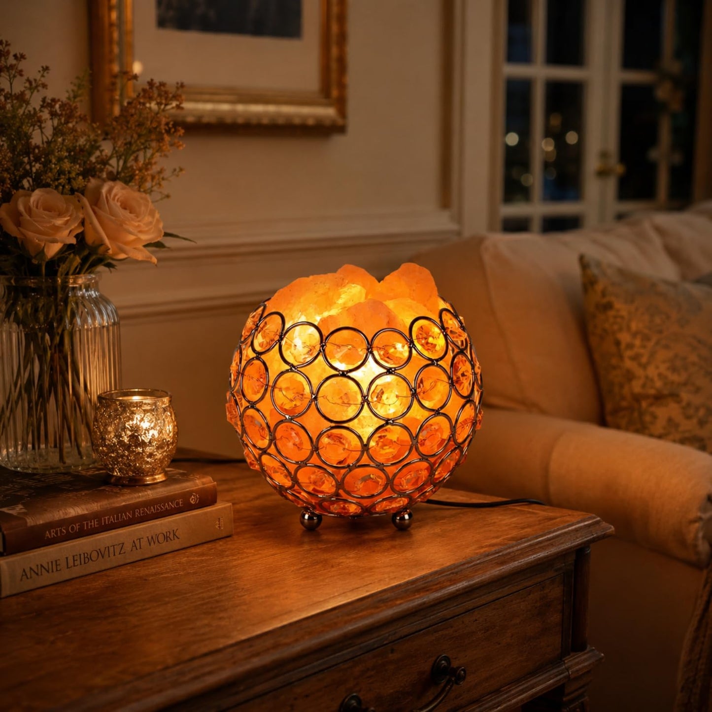 LOOPUPU Himalayan Salt Lamp 5in Plug-in Natural Pink Salt Rock Night Light Dimmer Switch 2 Bulbs Included Bedroom Desk Decor (Jeweled Globe)