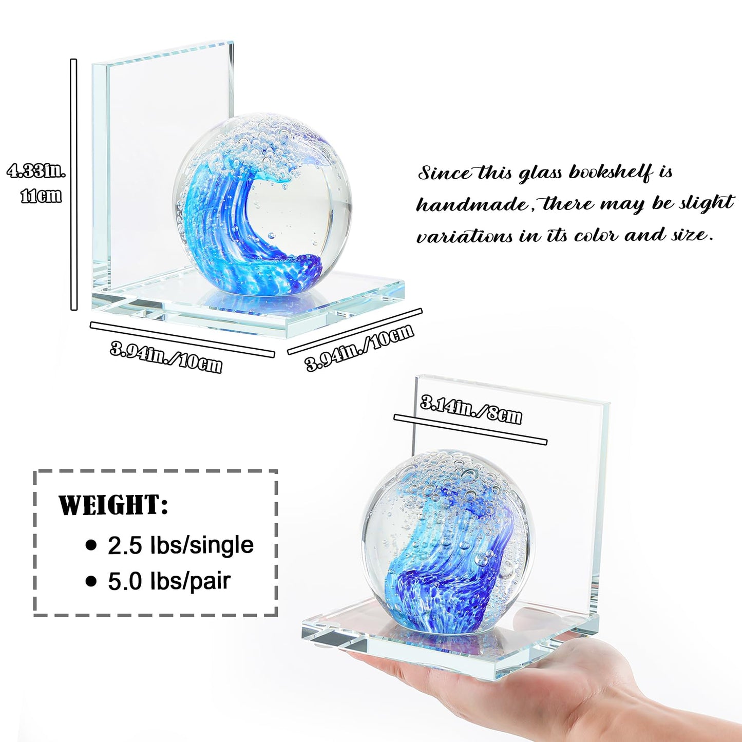 Arikyrist 1 Pair Crystal Bookends for Heavy Books with Hand Blown Ocean Waves Ball Glass Decorative Non Skid Bookends for Bookshelf Office Home (Blue)
