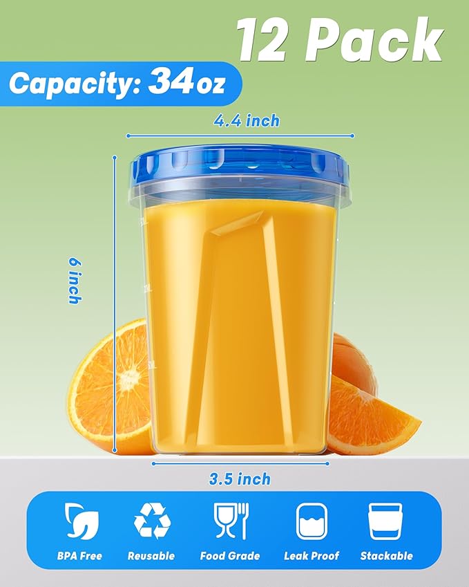12 Pack-34oz Freezer Storage Containers, Plastic Food Storage Containers