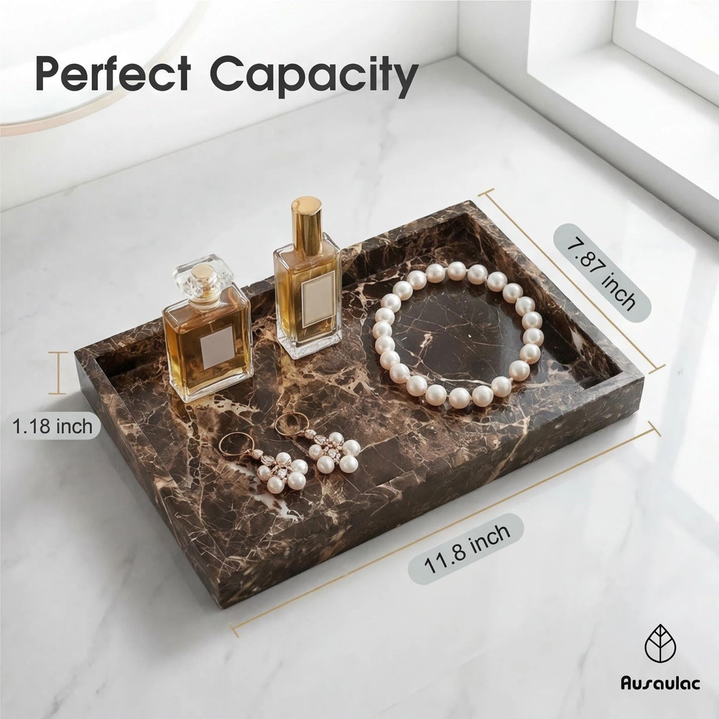 AUSAULAC Natural Marble Tray Heavyweight Stone Vanity Tray for Bathroom Countertop, Coffee Table & Dresser - Handcrafted Rectangular Organizer (Coffee Brown, 12" x 8" x 1.2")