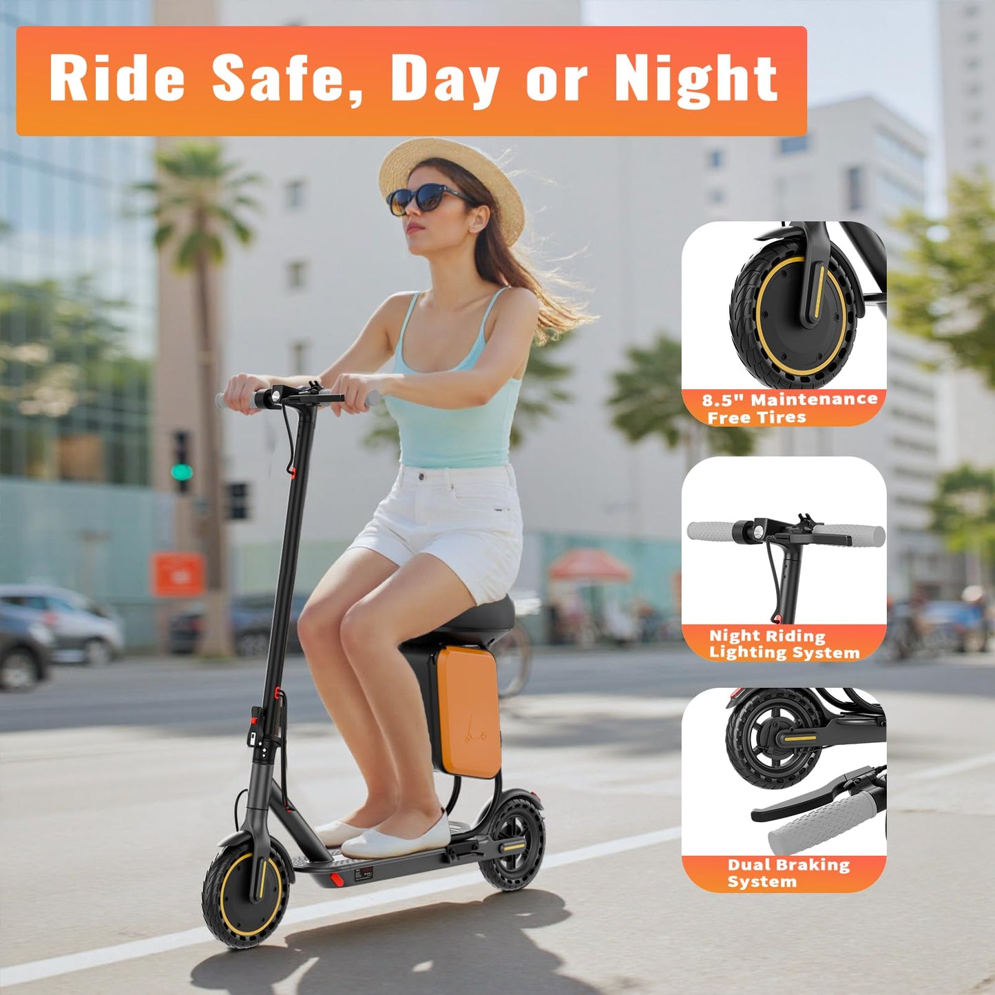 Qlaway 8.5" E Scooter with Seat, 19 MPH 350W Motor 280.8WH Battery, Motorized Up to 22 Miles Range, Foldable Scooter Bearing 265 LBS/APP