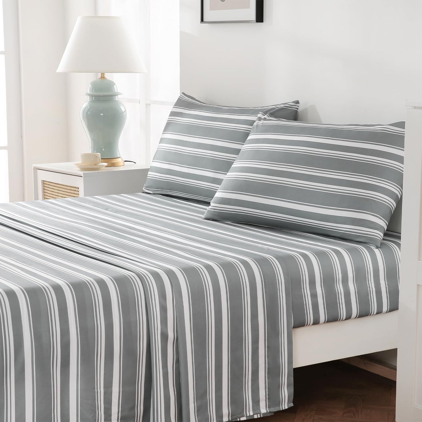 MCO 4Pieces Striped Sheets Set, Breathable King Sheet Set with 16" Deep Pocket,Modern & Luxury, Brushed Microfiber Bedding Set(King, Gray)