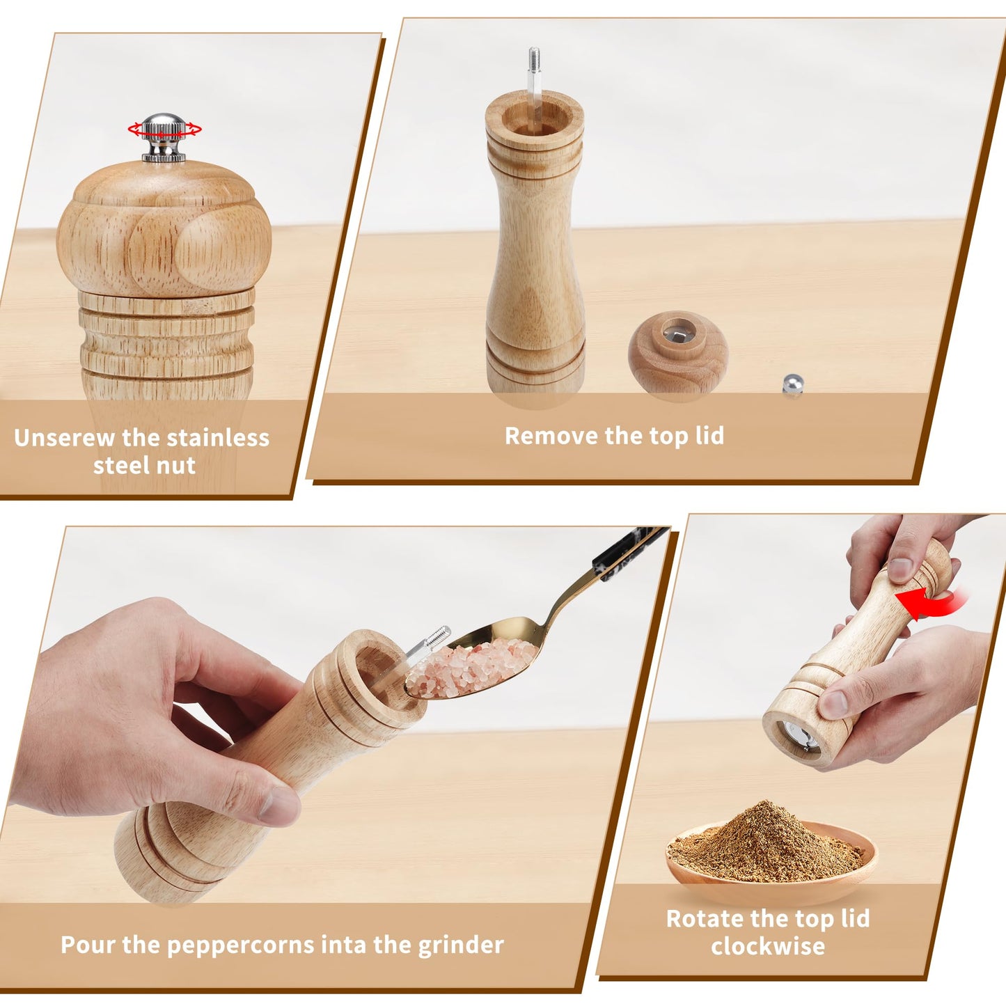 Gulex® Wood Pepper Grinder Pepper Mill,Adjustable Coarseness 8 Inch Wooden Peppermill, Ceramic Grinding Mechanism Salt Mill Refillable (1 pack) (Light-2PC)