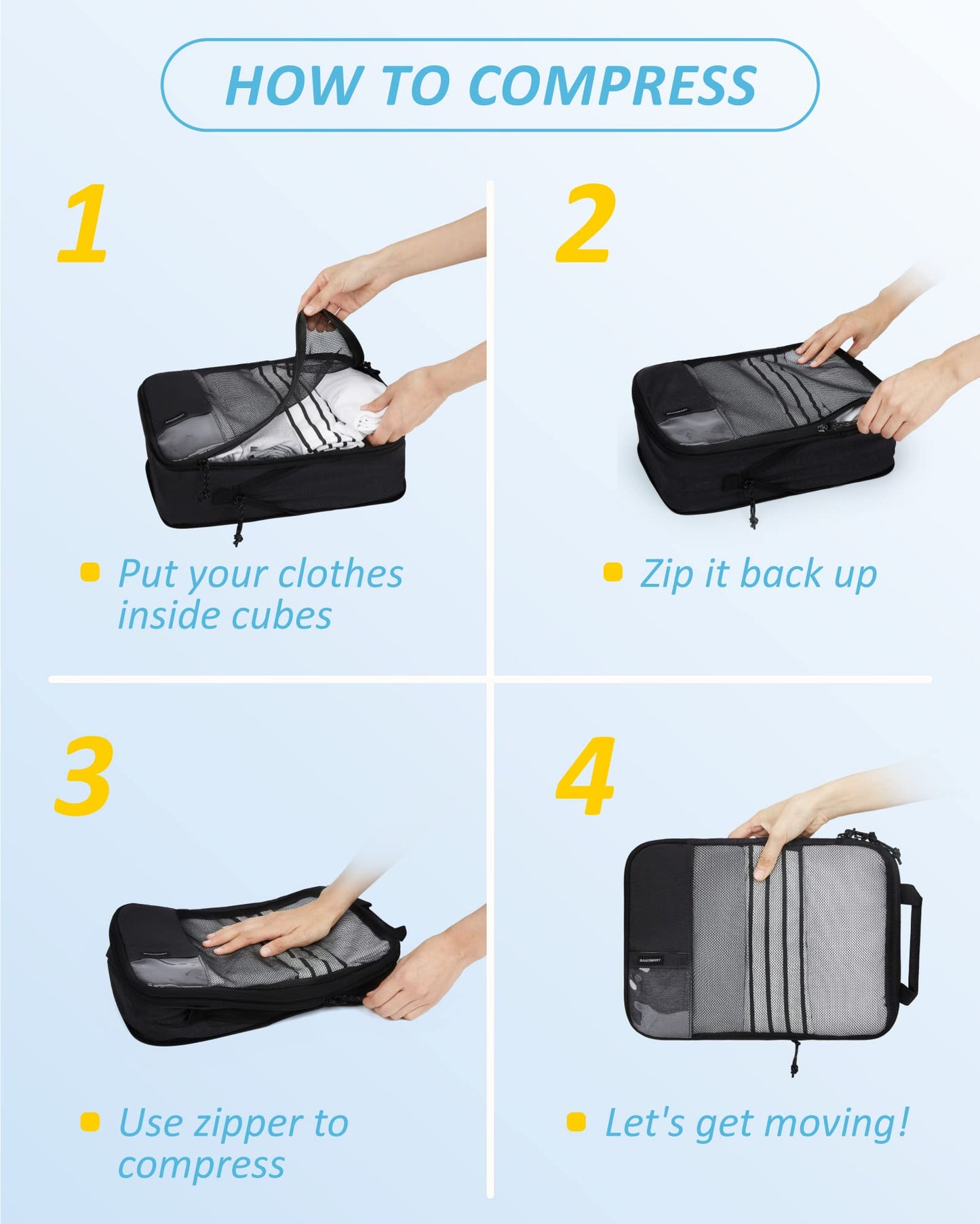 BAGSMART 6 Set Travel Organizer Cubes - Packing Cubes for Suitcases - Polyester, Rectangular, Zipper Closure - Black - Lightweight, Compression - Travel Accessories