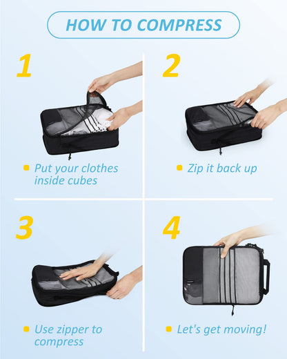 BAGSMART 6 Set Travel Organizer Cubes - Packing Cubes for Suitcases - Polyester, Rectangular, Zipper Closure - Black - Lightweight, Compression - Travel Accessories
