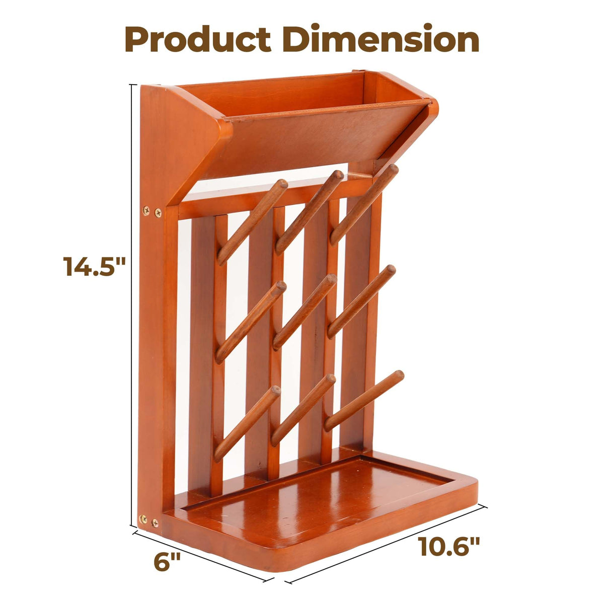 Nabytok Brown Vertical Bottle Drying Rack Rubber Wood 9 Hooks, Use for Bottles, Cups, Mugs, Glasswine, Space Saving Storage Shelf Bottle Holder Dryer Kitchen