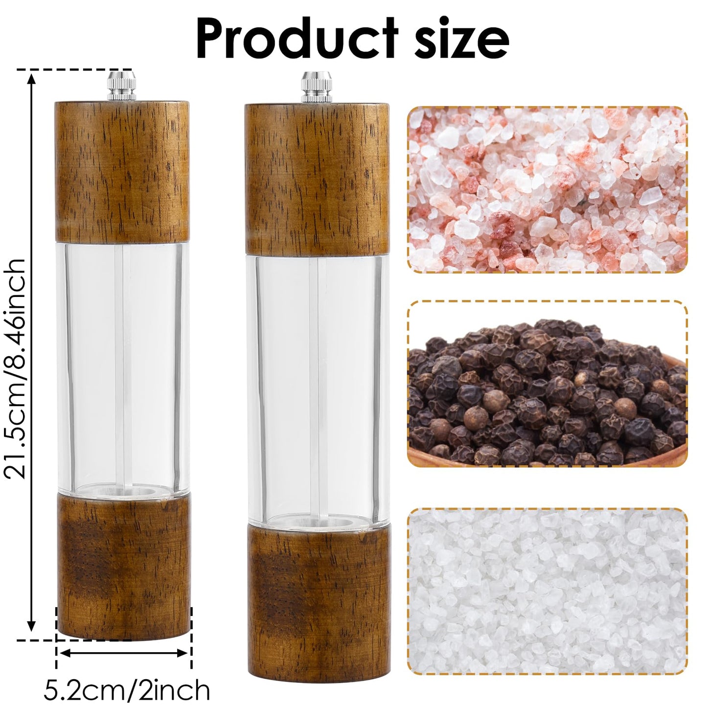 2 Pack Wooden Salt and Pepper Grinder Set,8 Inch Manual Acrylic Salt and Pepper Mills with Adjustable Ceramic Grinder Core,Rustic Wood Finish Spice Grinder Set for Kitchen Dining Table BBQ