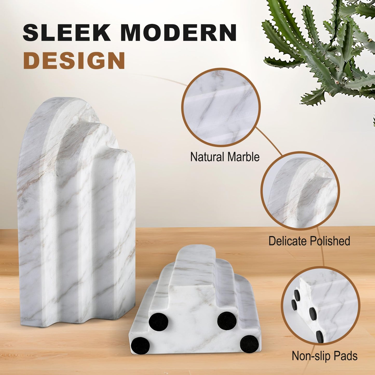 Natural Marble Book Ends - Heavy Duty Bookends for Shelves - Aesthetic Layered Arch Design Stone Book Holders, Modern Office Bookshelf Stopper Decor for Books/CDs (Volakas)