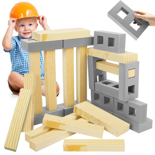 Leyndo 24 Pcs Foam Wooden Beam Soft Foam Brick Building Blocks Unit Fake Brick Building Blocks Giant Stacking Sets for Kids Toddler Construction(Assorted Sizes,Gray Color)