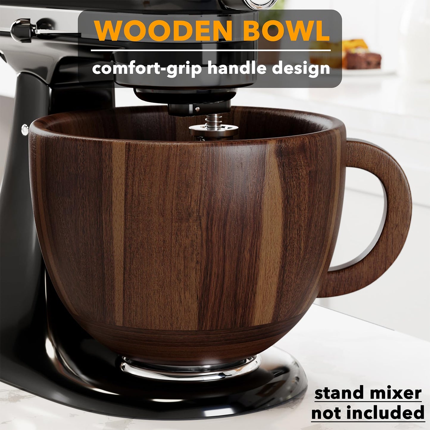 SpaceAid Wooden Bowl with Handle, Kitchen Space Aid Acacia Wood Mixing Bowls Holder for Stand Mixer, Compatible with 4.5 & 5 QT Tilt-Head Models Kitchen, Natural Wood