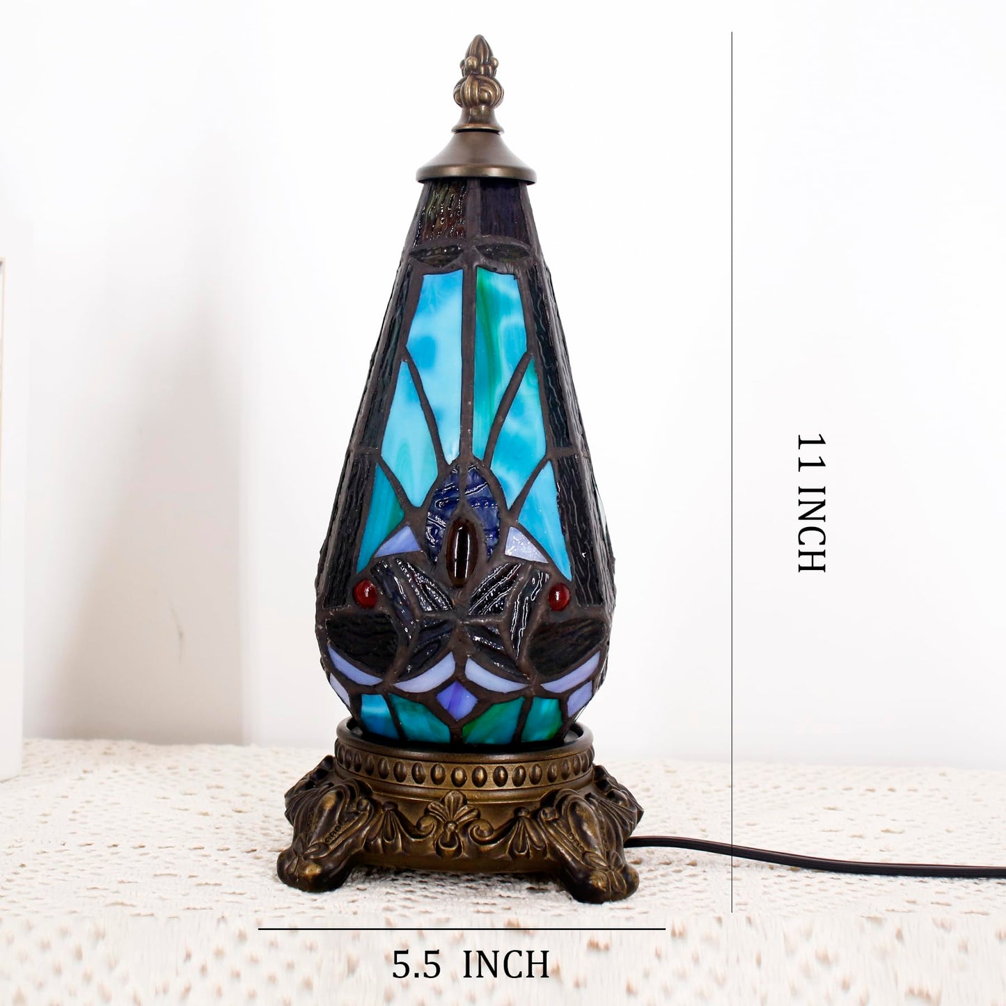 TCODTPOL Small Tiffany Lamp Stained Glass Table Lamp 5.5X11 Inch Christmas Tree Lighthouse Mini Accent Memory Sympathy Antique Night Light for Bedroom Living Room (Green Liaison)