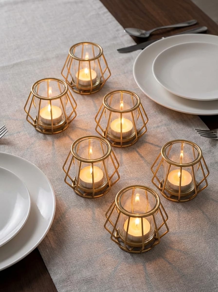 Geometric Tea Light Candle Holders - Wedding Centerpiece for Tables Morden Metal Votive Tealight Candles Stand with Glasses Coffee Home Room Decor Wedding Party Birthday Decoration, Gold 12 pcs
