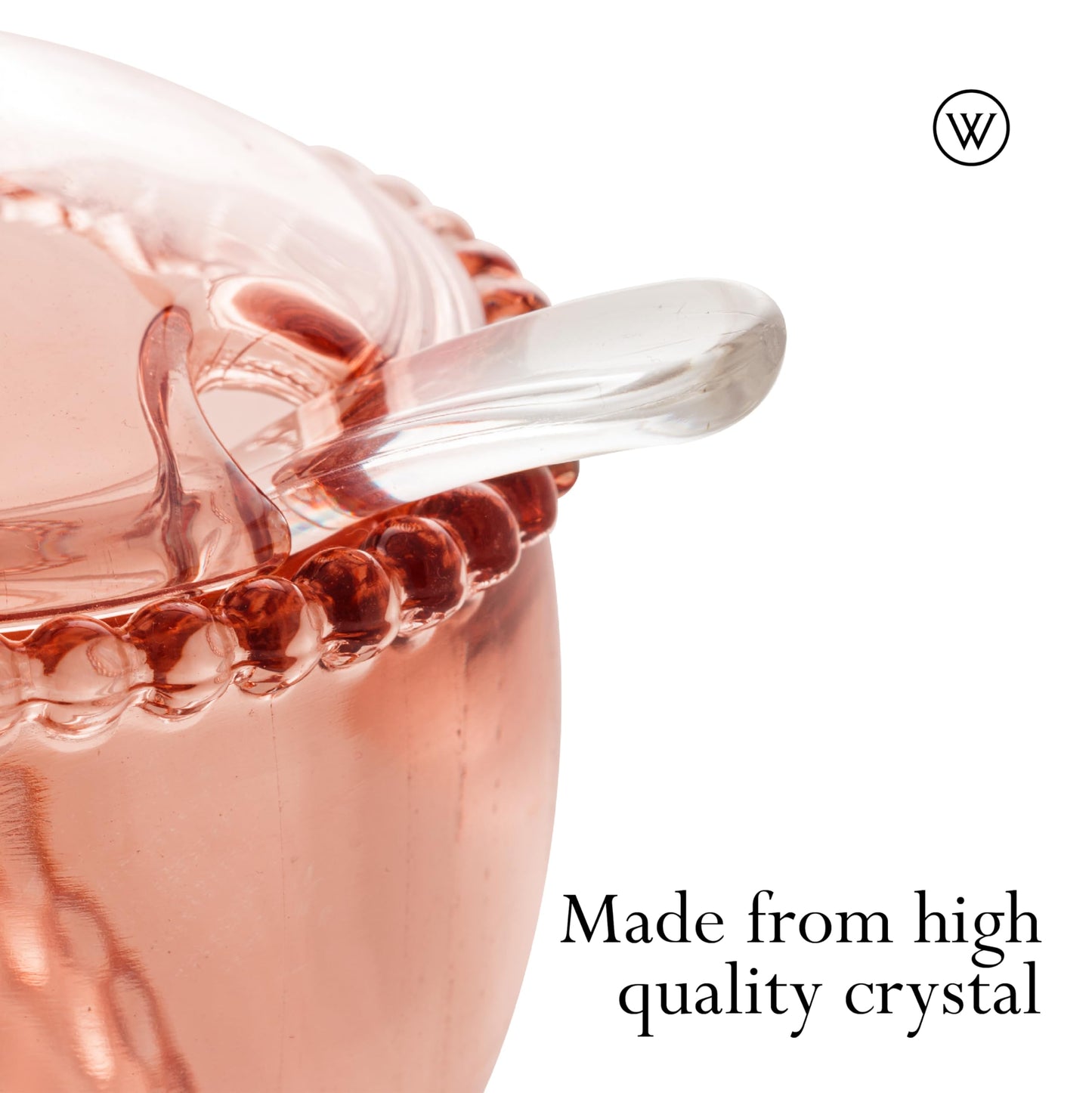 WOLFF - Pearl Crystal Beaded Sugar Bowl with Lid and Spoon - Sugar Holder, Dish for Candy Dispenser, Salt and Condiments Container, Jelly Jar (Pink, Sugar Bowl)