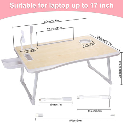 Laptop Bed Table, Laptop Desk for Bed, Foldable Laptop Bed Desk with USB Charge Port, Handle, Desktop Card Slot, Cup Slot, Side Drawer, Laptop Table Portable Notebook Stand for Eating Reading Working