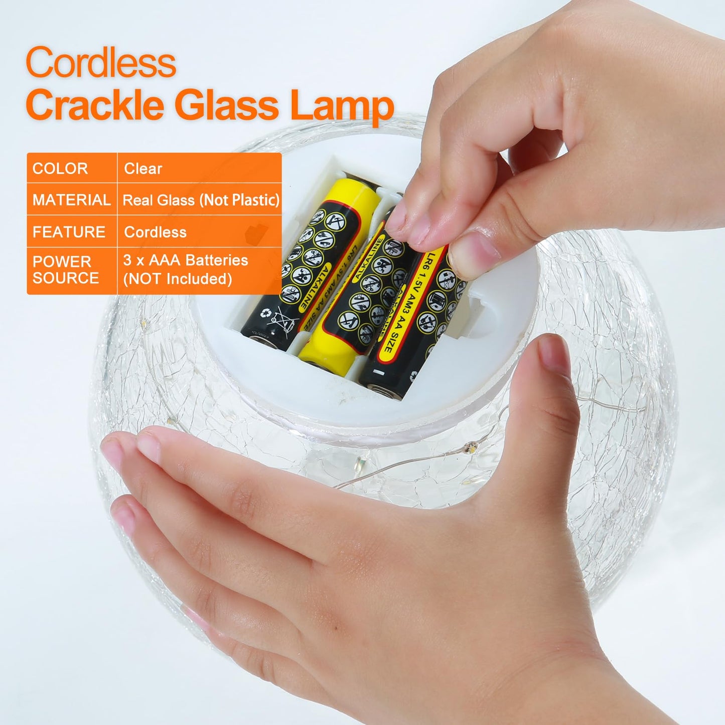 Crackle Globe LED Lamp Battery Operated with Timer, Lighted Glass Orb for Living Room & Festival Christmas Decoration, Indoor Glowing Night Light Sphere Table Lamp for Mother's Gift, Glass Ball Light