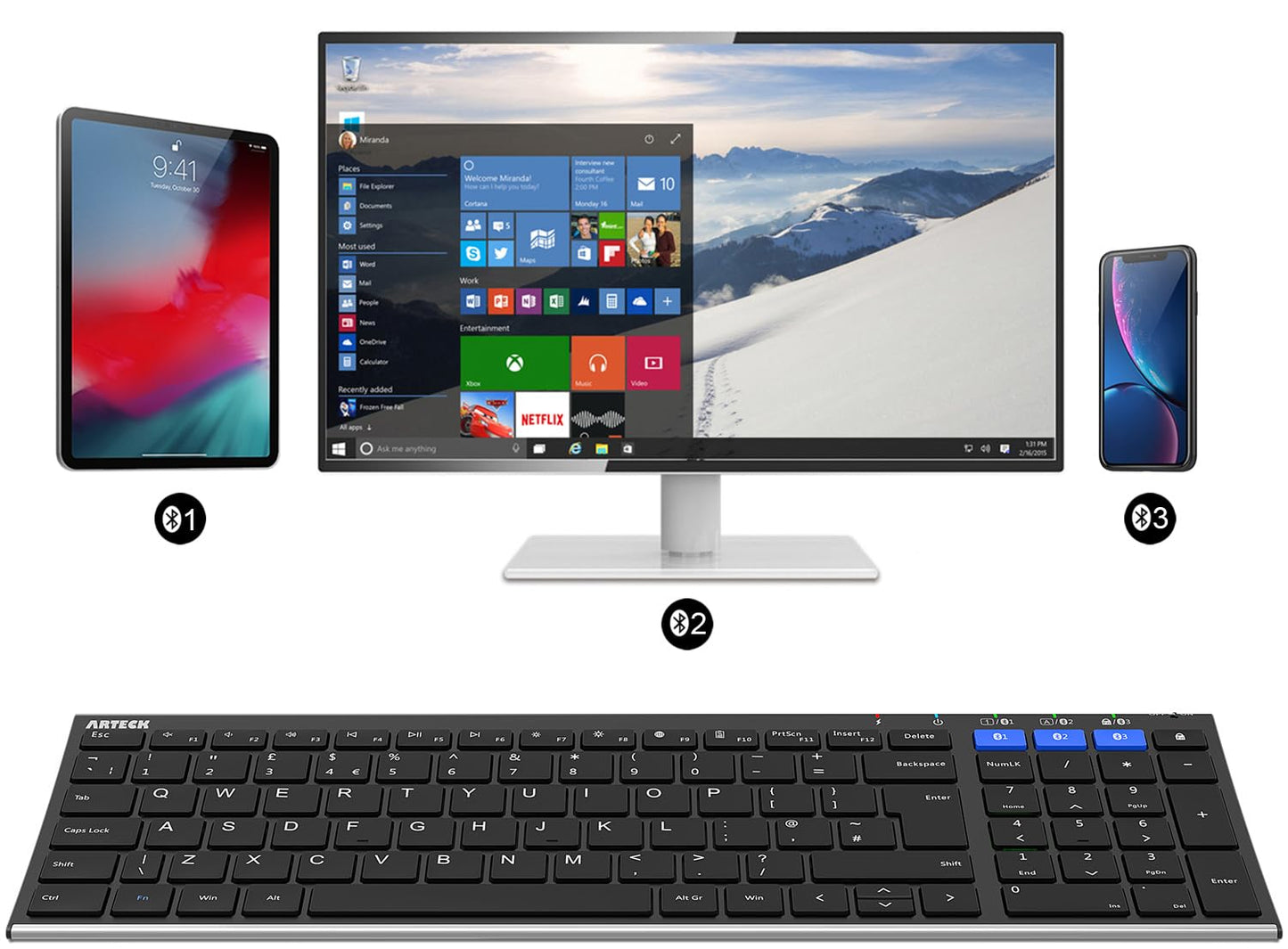 Arteck Universal Bluetooth Keyboard Multi-Device Stainless Steel Full Size Wireless Keyboard for Windows, iOS, Android, Computer Desktop Laptop Surface Tablet Smartphone Built in Rechargeable Battery