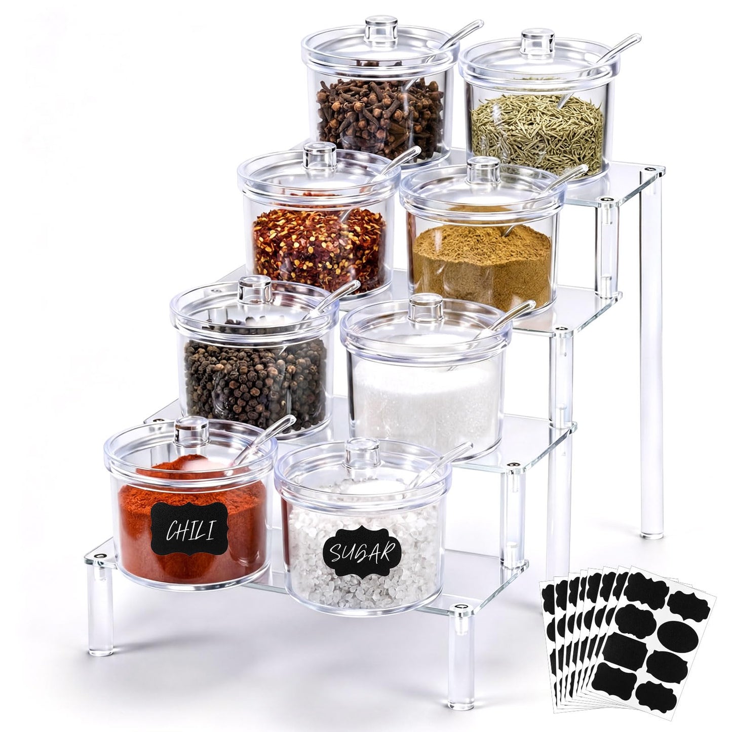 Ferrochef 12 Pcs Clear Sugar Bowls with Lid and Spoon and Acrylic Display Risers 7.1 oz Topping Containers with Tag and 4 Tier Acrylic Shelf Stand for Kitchen Hot Cocoa Bar Ice Cream Bar Supplies