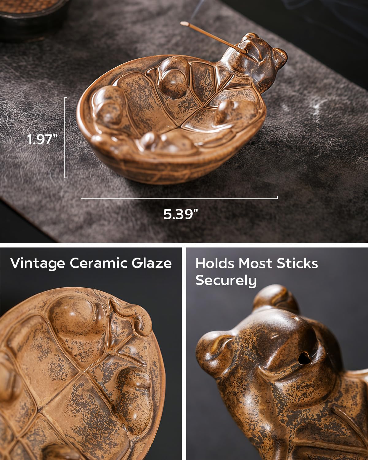 TEAVOR Smoking Turtle Incense Stick Holder - Funny Ceramic Incense Burner with Ash Catcher, Relaxing Desk Decor for Home & Office