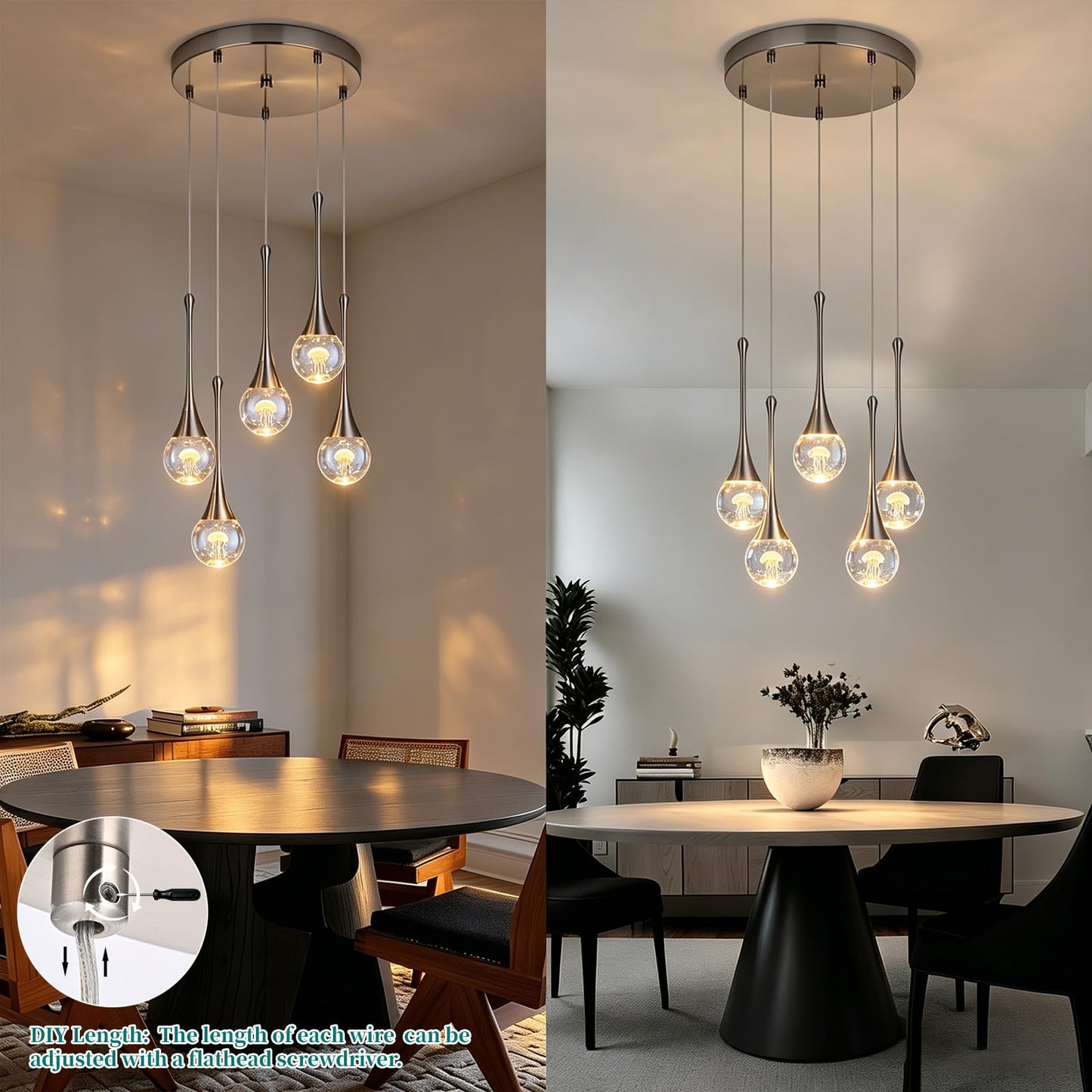 QueeuQ 5 Lights Crystal Raindrop Staircase Chandelier Pendant Lights,Modern Brush Nickel Chandelier Jellyfish Kitchen Island Light Fixtures,Dimmable Spiral LED Globe Ball Ligh for Dining Room