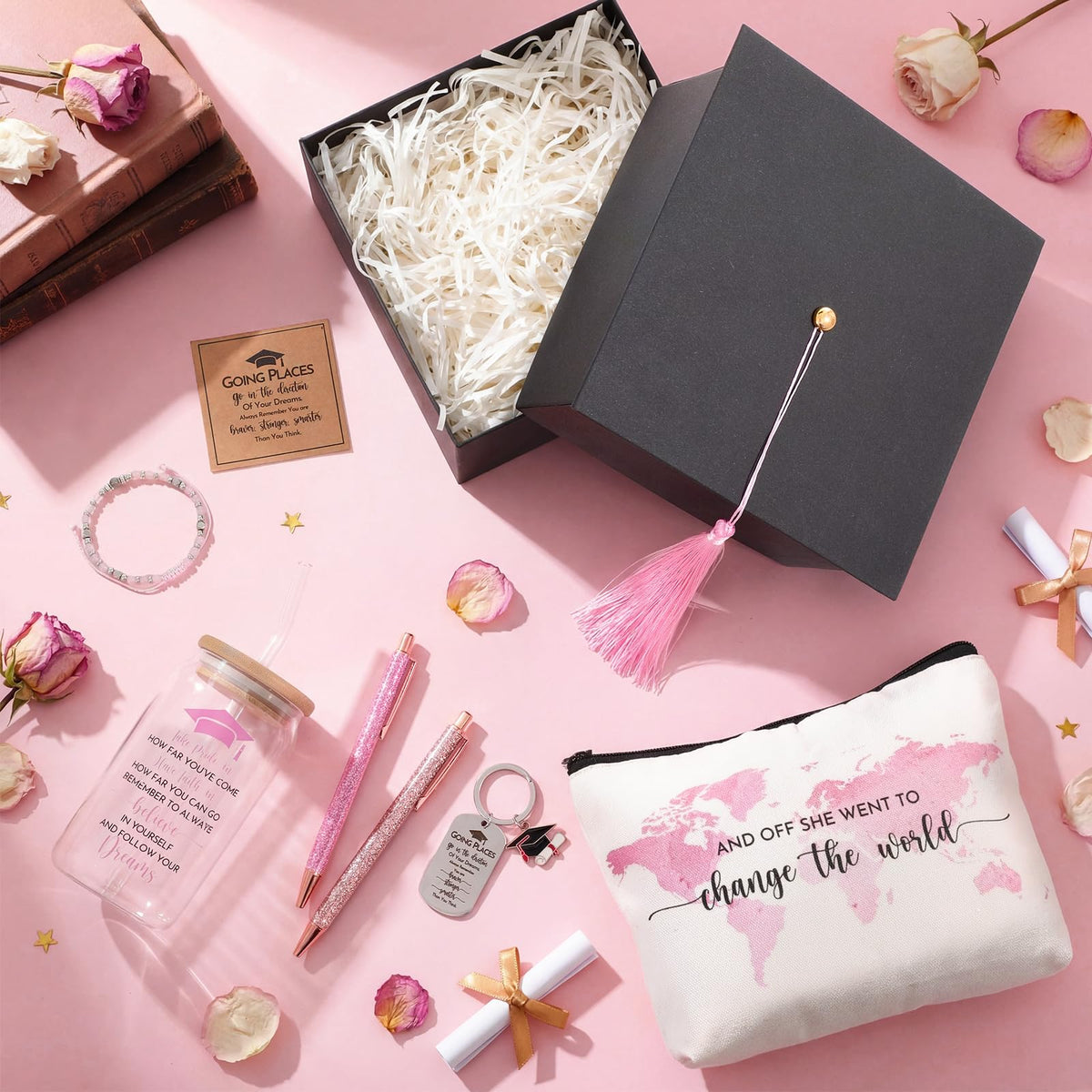 Vesici 8 Pcs Class of 2026 Graduation Gift Box Set for Women Her Grad Cap Box Glass Cup Makeup Bag Bracelet Pen Keychain College High School Graduation Gift for Daughter Sister Friend(Pink)