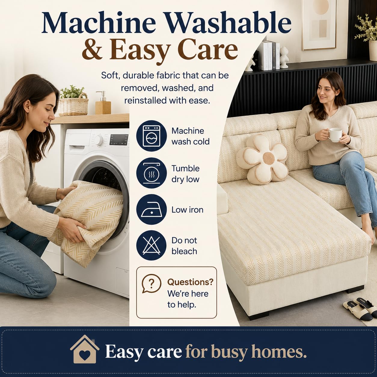 DiiuuAII Couch Cushion Covers, Stretch Anti-Slip Couch Covers for Sectional Sofa with Adjustable Buckle Washable Pet Friendly Furniture Protector(Linen White,2 Seat Cover M)