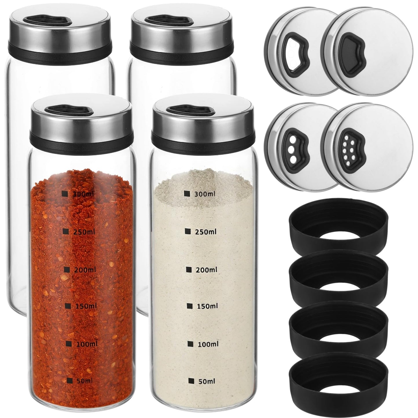 4 Pcs Salt and Pepper Shakers, 350ml Glass Spice Bottles with Adjustable Pour Holes, Spice Dispensers with Non-Slip Silicone Bases, Seasoning Jars with Rotating Steel Lids for Kitchen
