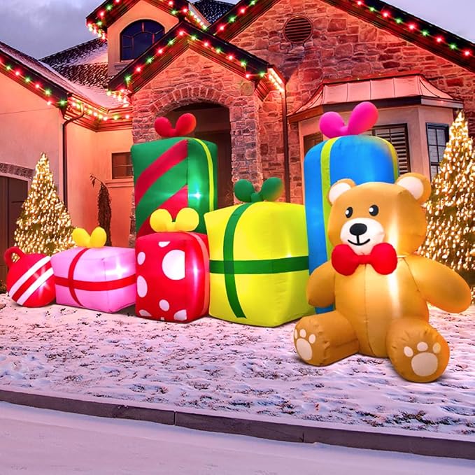 KOOY 10FT Giant Christmas Inflatables Outdoor Decorations Gift Boxes And Bear,Blow up Yard Decorations With LED Light For Xmas Outdoor Decorations Inflatable For Holiday Party Garden Lawn Winter Décor