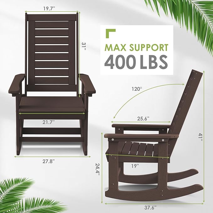 GREENVINES Outdoor Rocking Chair Set | 3-Piece | Dark Brown Wood Grain | 2 Rocking Chairs with 1 Side Table | Porch Rocker | HDPE Plastic | Patio Furniture Sets
