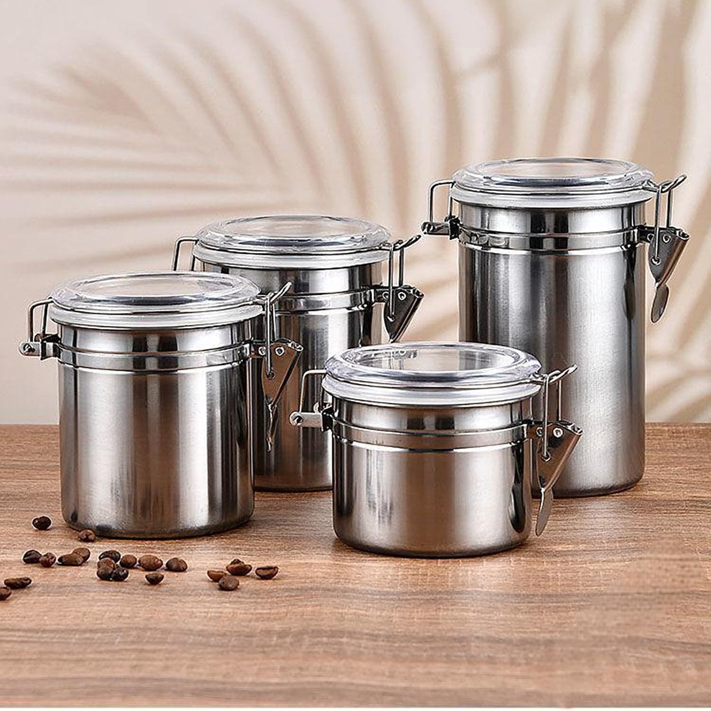 4-Piece Stainless Steel Airtight Canister Set with Clear Lids, 28/32/38/65 oz Food Storage Containers with Clamp Locks for Coffee, Tea, Sugar, Flour, Candy, Cookie, Kitchen Organization (Silver)