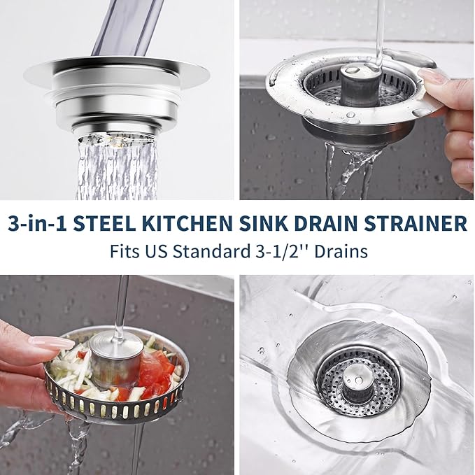 2 Pack – 3-in-1 Kitchen Sink Drain Strainer Stopper, 304 Stainless Steel Pop Up