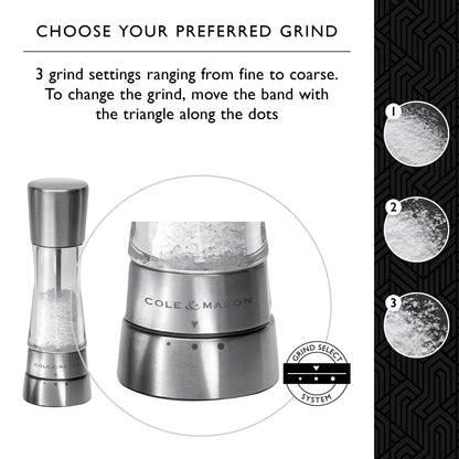 Cole & Mason Derwent Salt and Pepper Mills, Adjustable Grind Settings, Gourmet Precision+, Stainless Steel/Acrylic, 190 mm, Gift Set, Includes 2 x Salt and Pepper Grinders