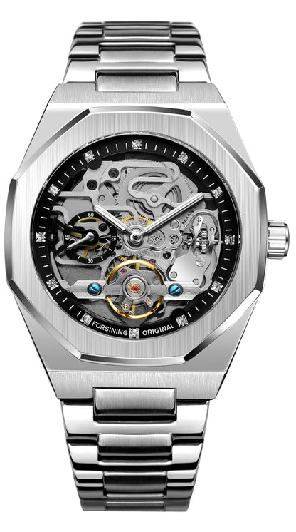 FANMIS Mens Skeleton Watches Luxury Automatic Watch with Stainless Steel Bracelet Wrist Watch (Silver Black)