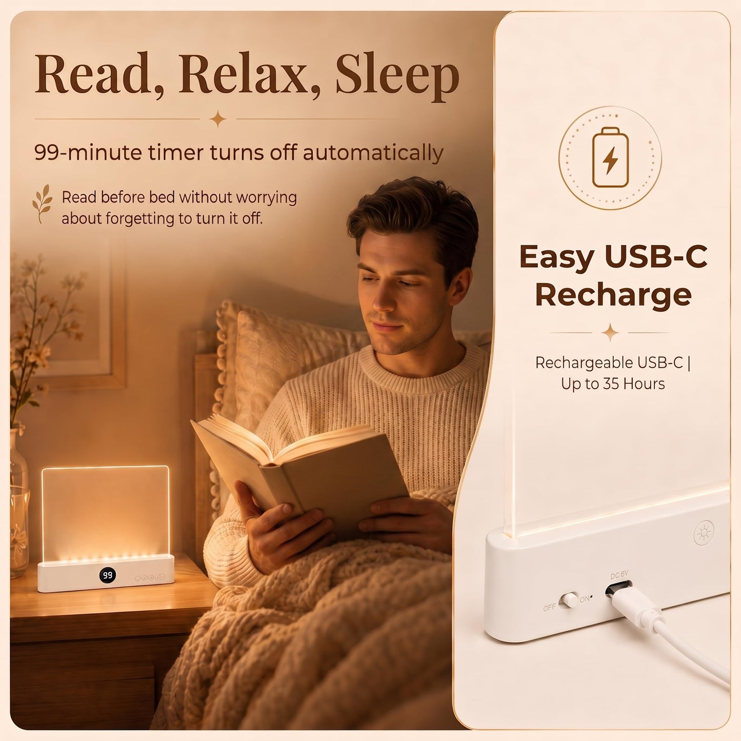 Faluricent Book Light for Reading in Bed at Night, Rechargeable Flat Book Light with 3 Color Modes & Timer, Dimmable Full Page Light, Clear LED Page Reading Light for Travel (White)