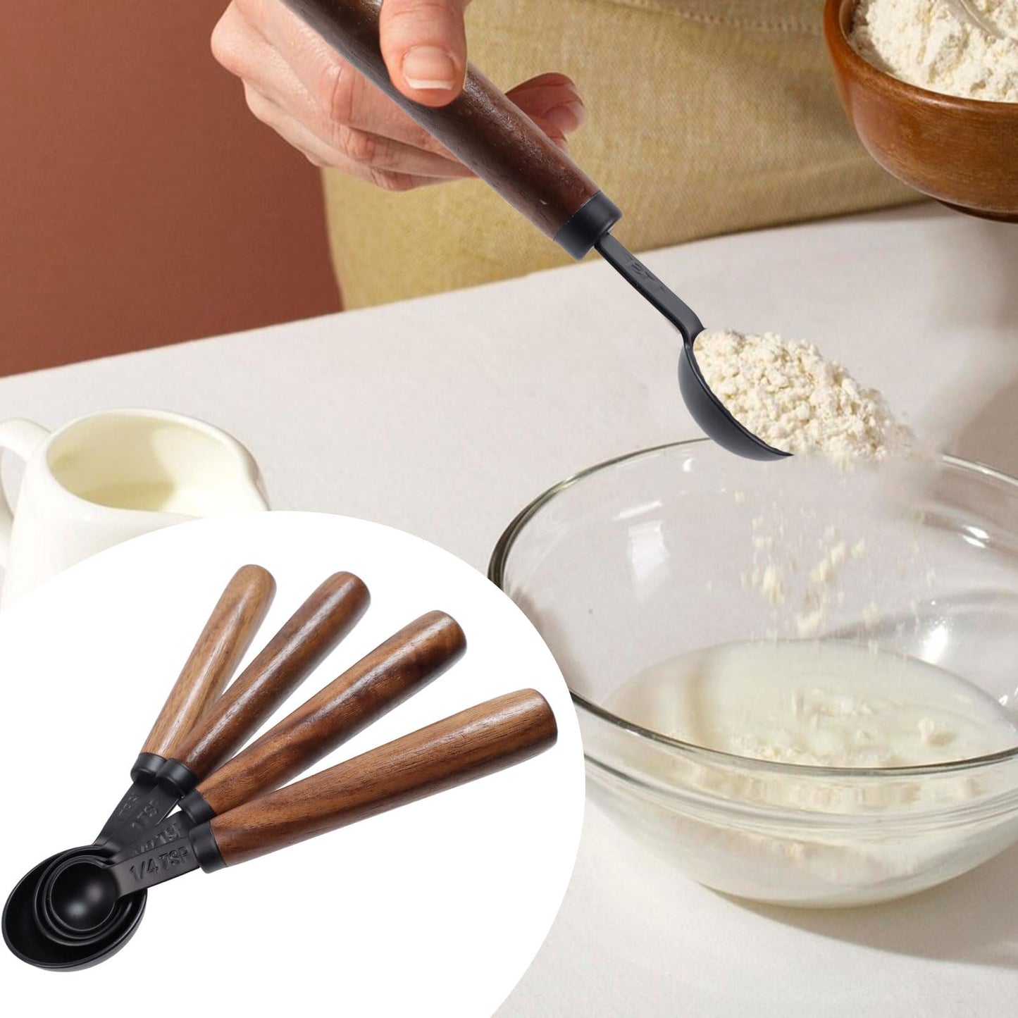 Mewutal Set of 4 Measuring Spoons Black Measuring Scoops with Wooden Handle Stainless Steel Measuring Spoons Set for Kitchen Flour Spice Seasoning Measurement (15ml+5ml+2.5ml+1.25ml)