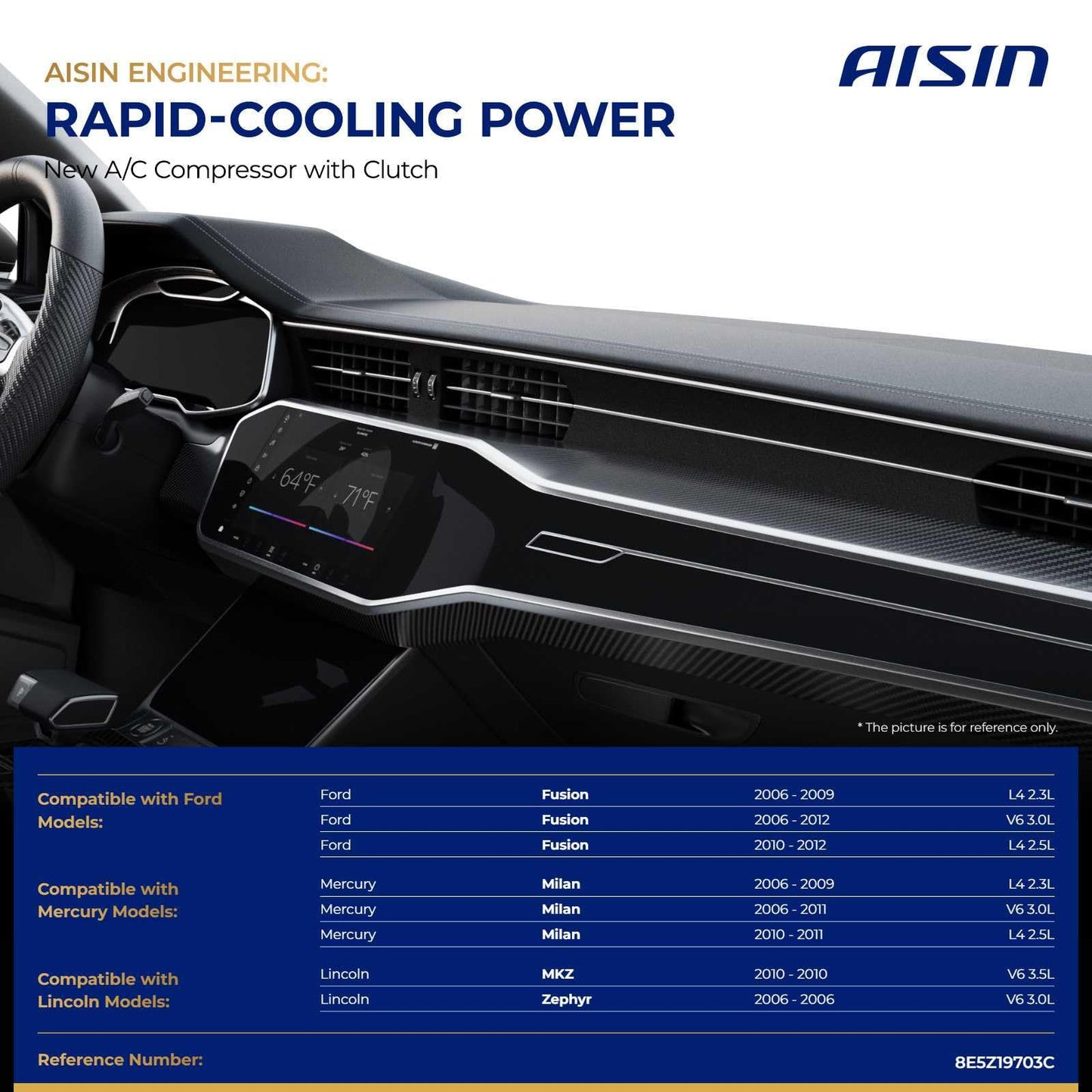 AISIN AFTERMARKET ACCFD-00576 Air Conditioner AC Compressor - Compatible with Ford Fusion 2006-2012, Lincoln MKZ 2010, Zephyr 2006, Mercury Milan 2006-2011 - with 6-Pulley Groove, with Clutch