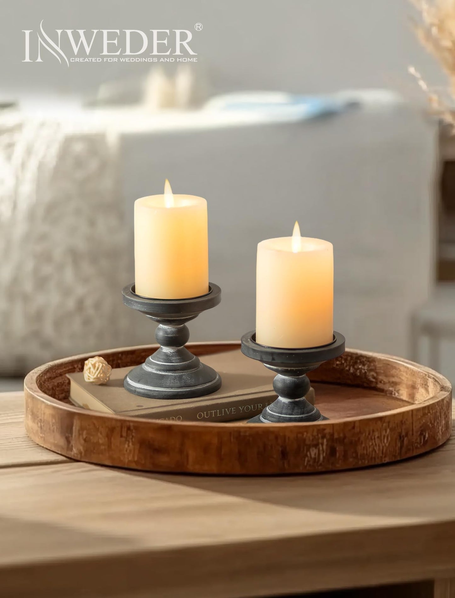 Inweder Wood Pillar Candle Holder: 2Pcs Rustic Black Candle Holders for Pillar Candles Wood Candle Holders Distressed Wooden Farmhouse Candle Holder Large Rustic Candle Holder for Fireplace Table
