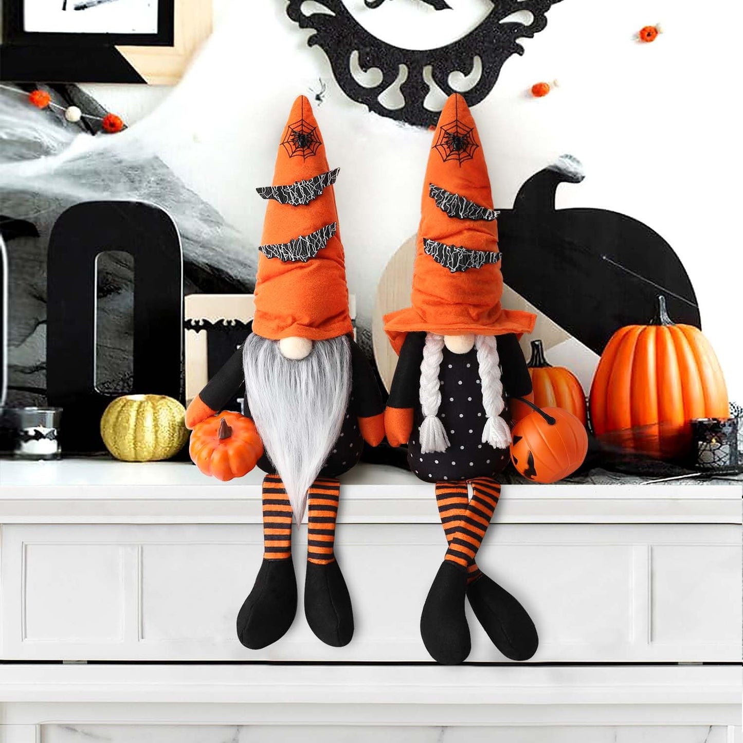 Ndeno 2PCS Halloween Gnome Plush Decorations, Handmade Scandinavian Tomte - Pumpkins Bats Home Tabletop Elf Gnomes Decor Ornaments - Boo (Halloween- Style A)
