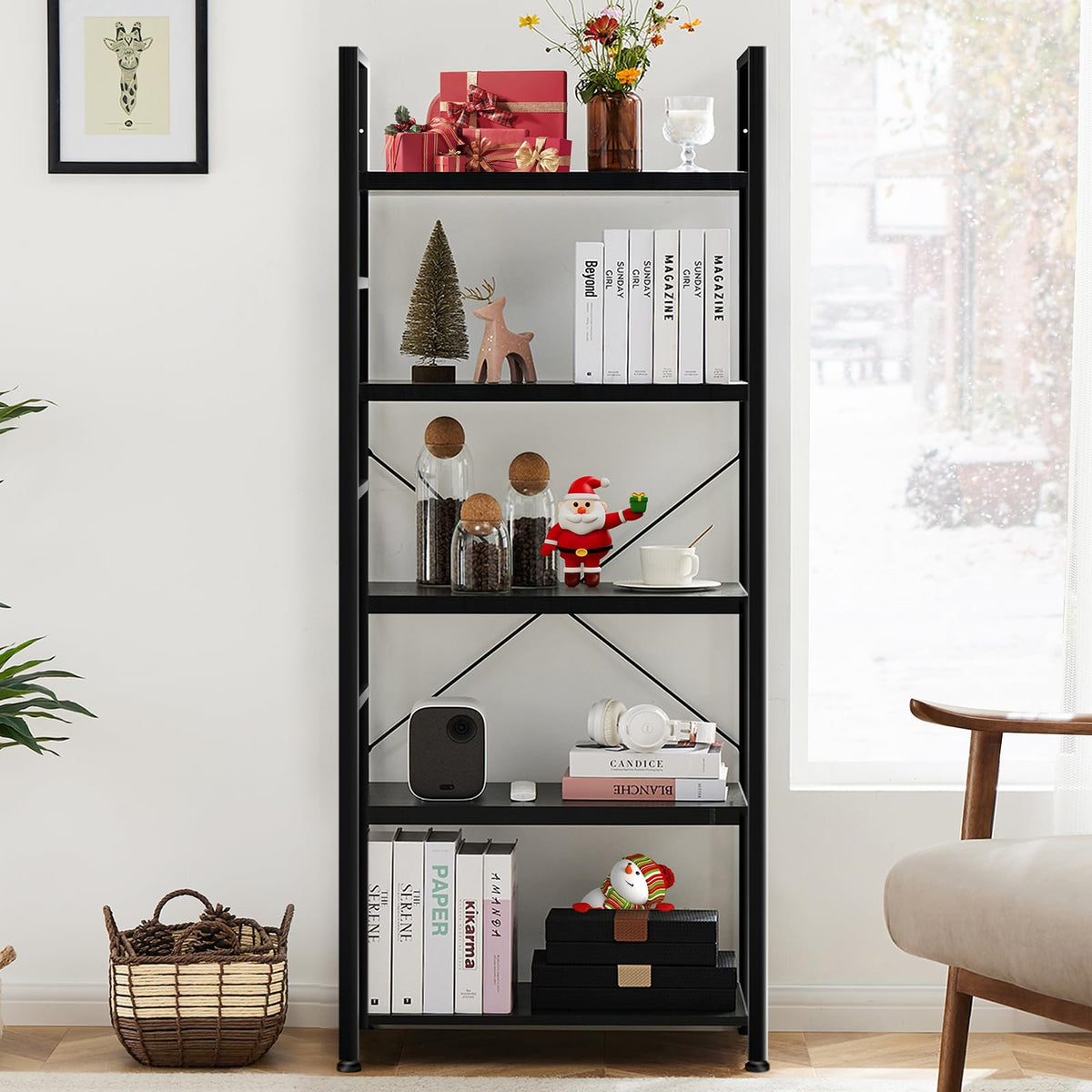 Sweetcrispy Book Shelf, 5 Tier Bookcase, Modern Tall Bookshelf for Garage Kit, CDs, Movies, Industrial Corner Storage Organizer for Bedroom Home Office Kitchen Living Room, Black