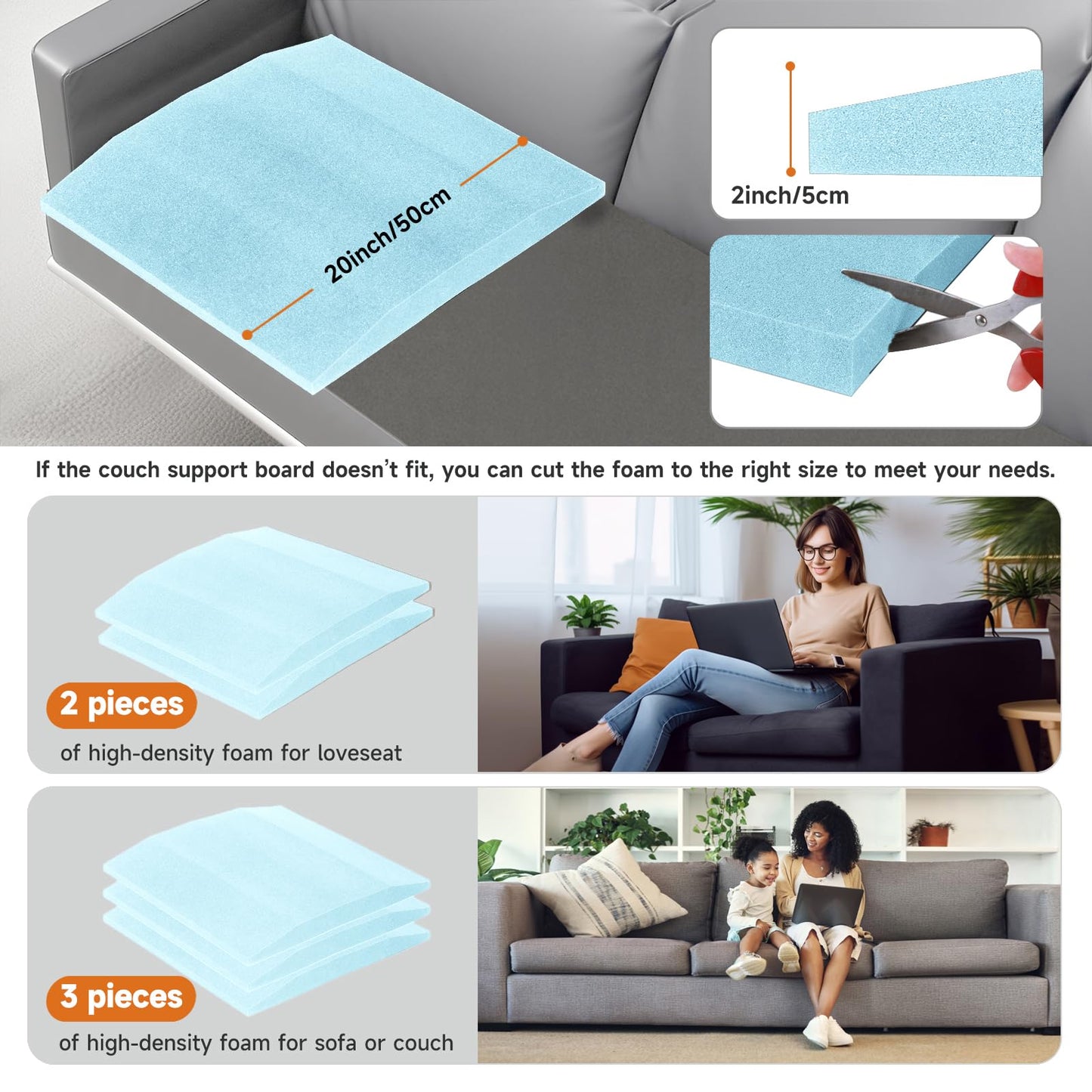 Langierspur 20"x20"Couch Cushion Support for Sagging Seat, Trapezoid 40D Density Foam Couch,Sofa Cushion Support Replacement for Furniture Sagging, Blue (2PCS)