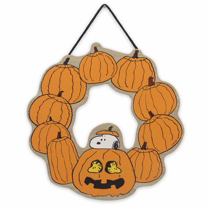 Peanuts Snoopy Jack-O-Lantern Halloween Wreath Hanging Wood Wall Decor - Fun Snoopy Halloween Sign for Home