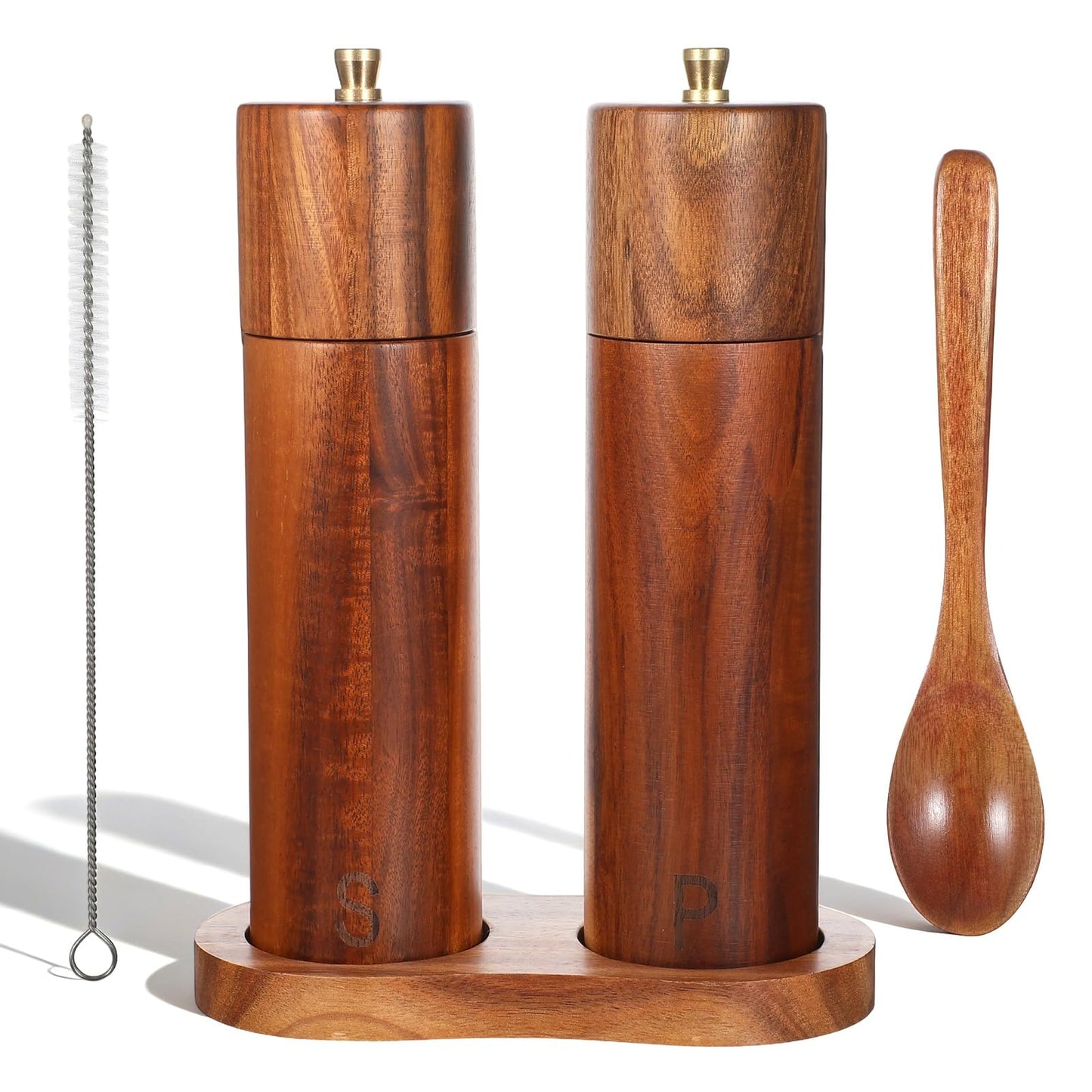 KongTiva 2 Pack Wooden Salt and Pepper Grinder Set, 8 Inch Adjustable Coarseness Manual Salt and Pepper Mill with Brush and Spoon, Acacia Wood Refillable Grinders for Kitchen Home Gift