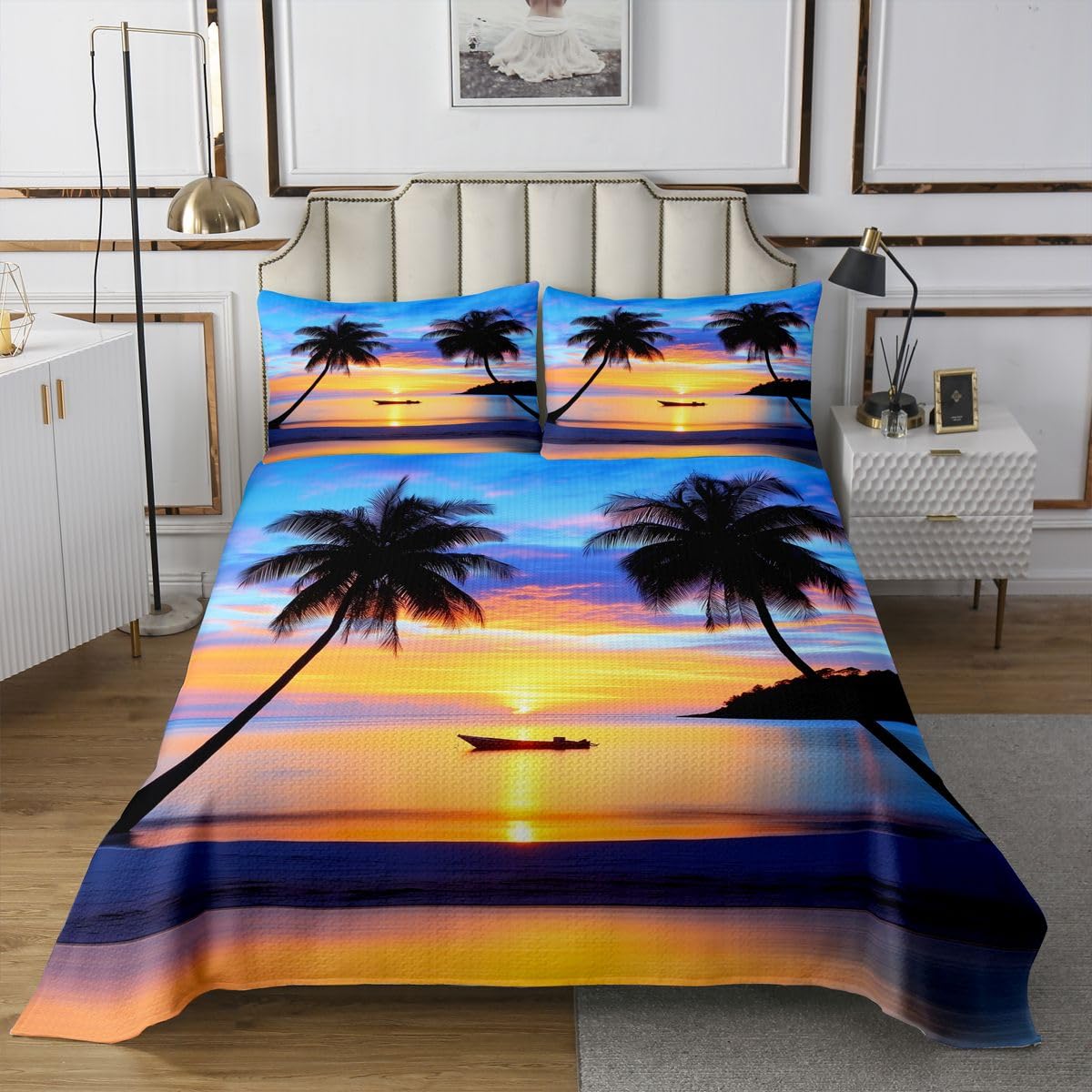 jejeloiu Ocean Sea Bedspread Quilts Sunset Coverlet Set Queen Size for Kids Boys Girls Palm Tree Ship Quilted Coverlet for All Season with 2 Pillowcases Microfiber