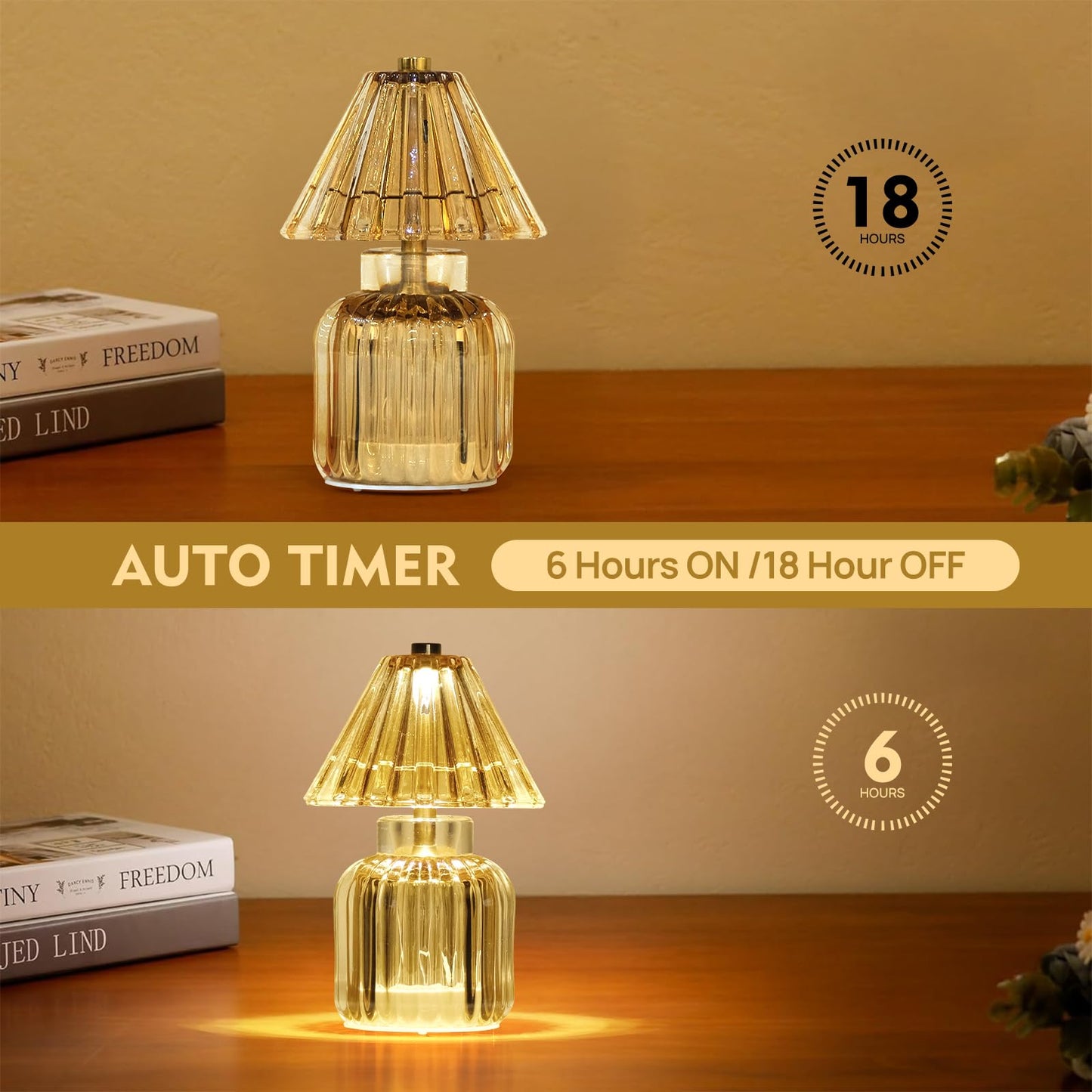SisiHokai Small Battery Operated Lamp with Timer, Tiny Cordless Glass Table Lamp for Home Decor, Kitchen, Bathroom, Birthday Gift for Women, Jelly Amber