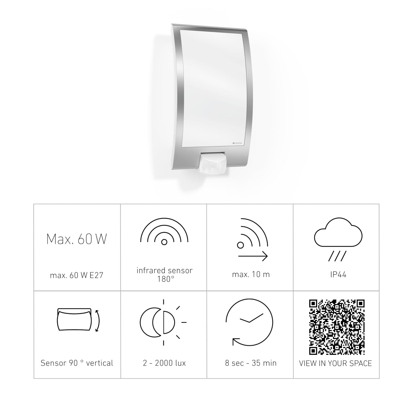 Steinel Outdoor Wall Light L 22 S - Motion Sensor Light 180° Detection, 10 m Range, Stainless Steel Porch Light, 60 W, E27 Fitting, Mains Powered, 28.6 x 16.2 x 8.5 cm, Anthracite
