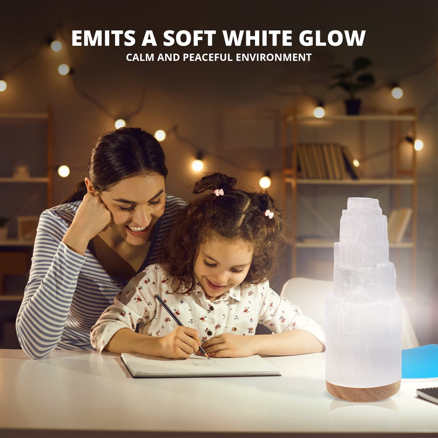 Salt 84 Selenite Crystal Lamp, 20 cm Tall, High Energy Skyscraper Lamp with Wooden Base & USB Charging Cable, ETL Certified, Hand Curved Selenite for Spiritual Protection and Therapy