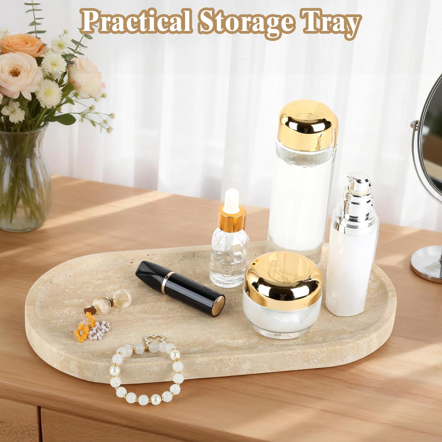 Moujings Natural Travertine Vanity Tray - Decorative Stone Marble Tray for Bathroom Countertop, Elegant Organizer for Home Decor, Jewelry, Candle, Makeup, Kitchen and Dresser Decor