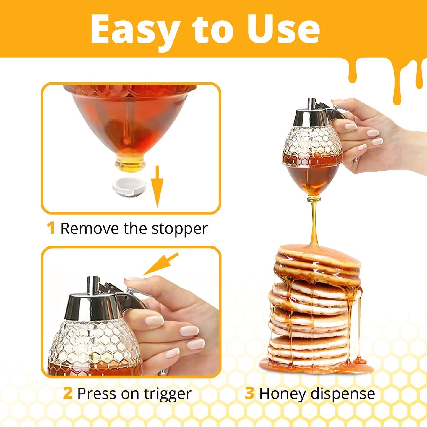 CLEVLI Honey Dispenser – No Drip Glass with Stand – Honey Jar – Clear Glass Honey Container with Dipper 8 Oz – Maple Syrup Dispenser – Honey Pot with Stand – Honey Bottle with Flip Top Lid