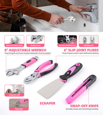 143 Pcs Pink Homeowner Tool Set with 3.6V Cordless Screwdriver General Household Hand Tool Kit with Plastic Tool box Storage Case for Women,Men