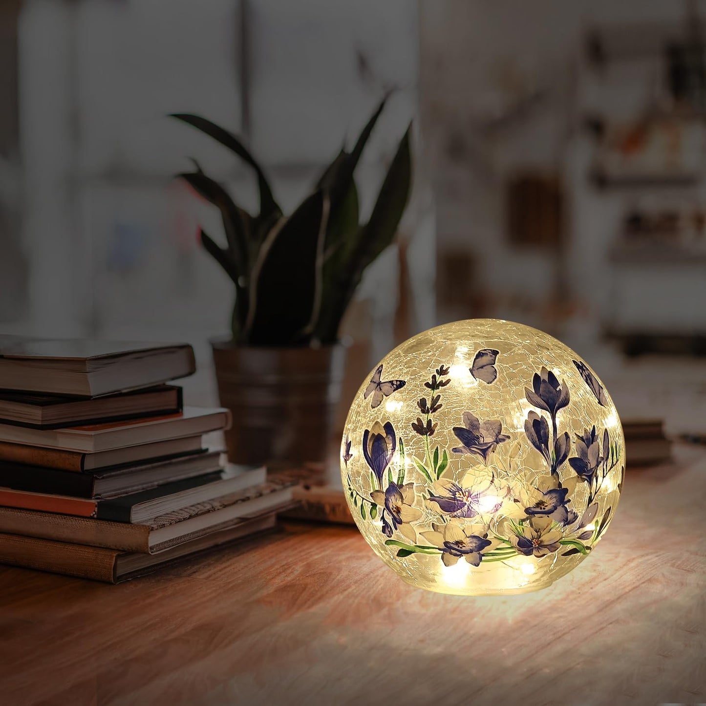 Sphere Glass Crystal Lamp with Timer – 6 Inches, 6 Hours Auto On / 18 Hours Off, LED Light with Blue Flowers and Green Grass Designs, Handcrafted Decorative Glass Light for Home Decor